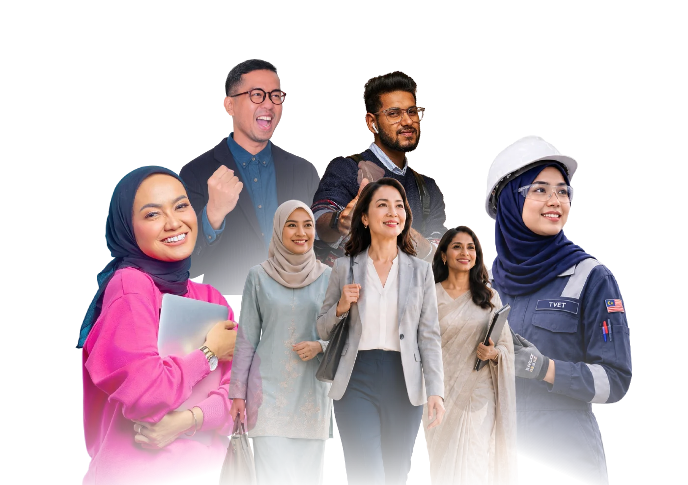 Malaysian women and men from different professions, including an office worker, a TVET technician and corporate professionals